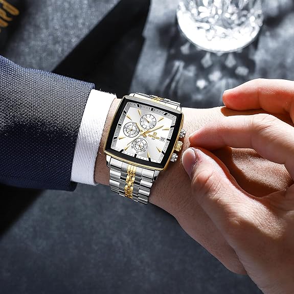 Mens Wrist Watch Business Big Square Face Waterproof Date Fashion Quartz Watches for Men Gold Silver