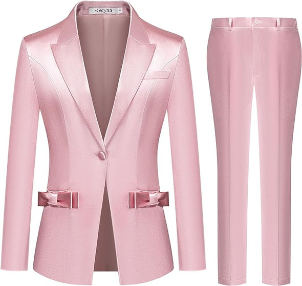 Women's 2 Piece Satin Suit Double Side Bows One Button Peaked Lapel Outfits Party Wedding Blazer Jackets and Pants Set