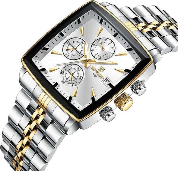 Mens Wrist Watch Business Big Square Face Waterproof Date Fashion Quartz Watches for Men Gold Silver