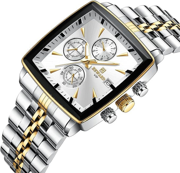 Man Watches Luxury Fashion Analog Quartz Watch for Men Classic Big Square Face Sport Chronograph Waterproof Luminous Date Stainless Steel Business Mens Wristwatch Black/Silver/Blue Dial