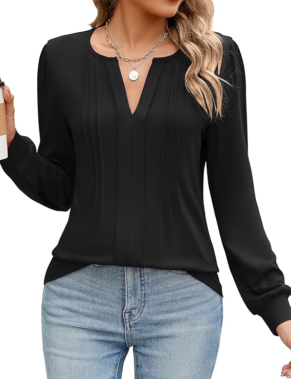 Womens Long Sleeve Shirts Puff Sleeve V Neck Pleated Shirts Loose Fit Blouses for Dressy Casual 2024 Fall Tops
