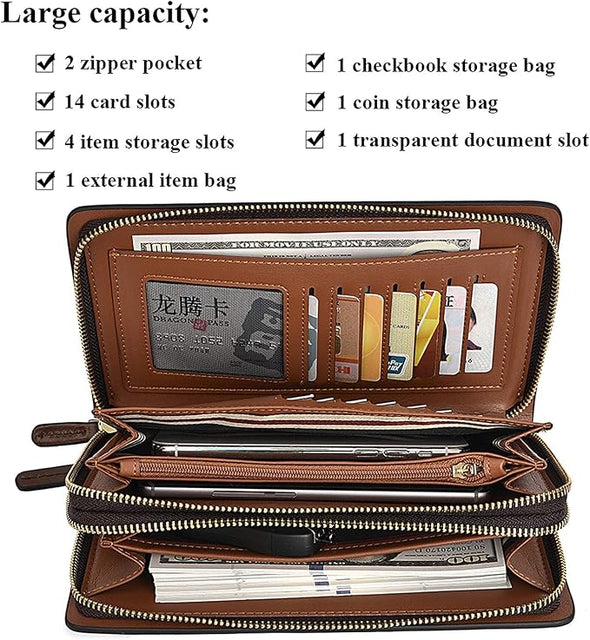 Leather Men Clutch Bag Long Wallet Purse Card Holder Case Business Large Clutch with Double Zip Handbag