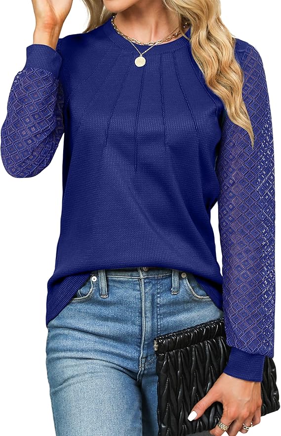 Women's Waffle Knit Tops Dressy Business Casual Blouses Lace Long Sleeve Work Shirts Fall Clothes