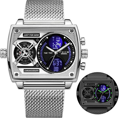 New Multi-Functional Men's Watch Square Large Dial Trendy Fashion Digital & Analog Quartz Watch
