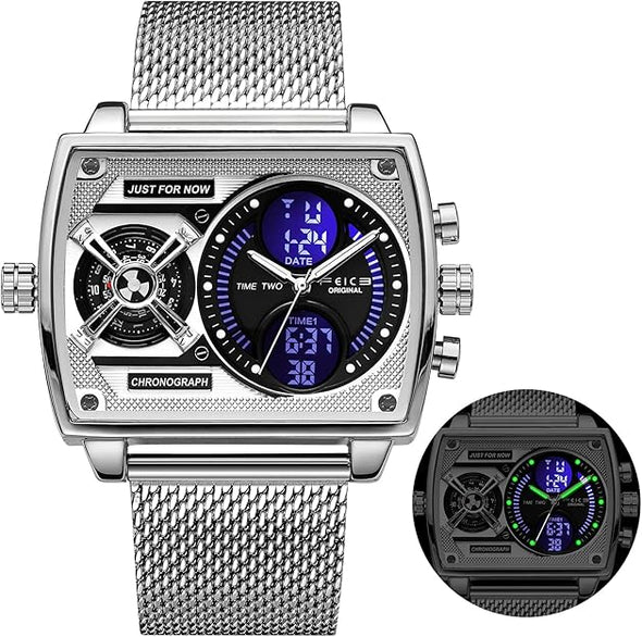 New Multi-Functional Men's Watch Square Large Dial Trendy Fashion Digital & Analog Quartz Watch