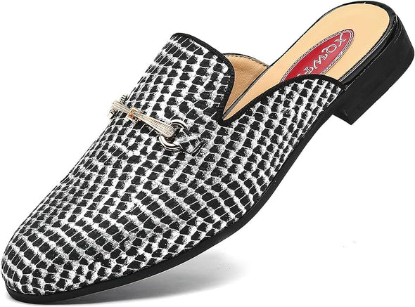 Men's Slip-on Mule Sandals Loafer with Gold Buckle,Fashion Leather Formal Wear Casual Backless Dress Slippers