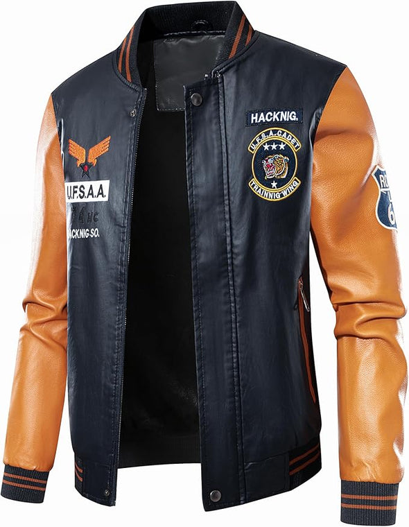 Men's Faux Leather Bomber Jacket Leather Jacket Stand Collar Lightweight leather jacket Motorcycle PU Jacket