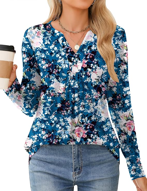 Womens Tops Fall 2024 Long Sleeve Blouses Dressy Casual V Neck Pleated Work Shirts