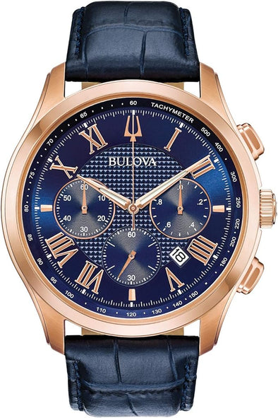 Bulova Men's Wilton Jewel Watch, 60hr Power Reserve, Luminous Hands, Roman Numerals, Domed Sapphire Crystal, 43mm, Blue/Rose Gold