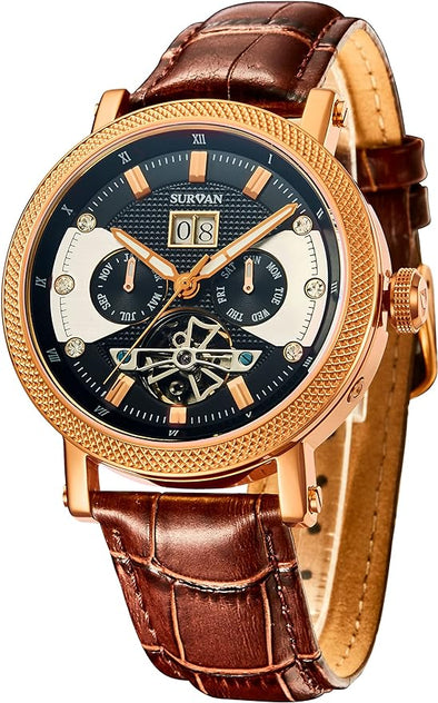 WatchDesigner Watch for Men Sapphire Crystal Mechanical Skeleton Automatic Men's Wrist Watches Ion-Plated Leather Strap Copper Watch Needle