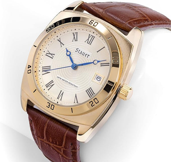 Stauer Timemaster Piezo Watch for Men – Gold-finished Analog Watch w/Stainless Steel Watch Case Back, Tough Alloy Case – White Dial Gold Watch w/Genuine Brown Leather Watch Strap – Luxury Gift for Men