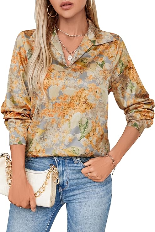 Womens Silky Satin Blouses Collared V Neck Long Sleeve Dress Shirts Business Casual Work Blouse Tops for Women