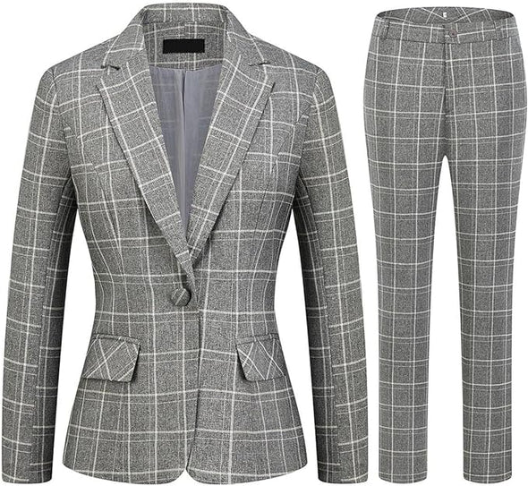 Women's 2 Piece Business Plaid Suit Set Office One Button Slim Fit Blazer with Pant