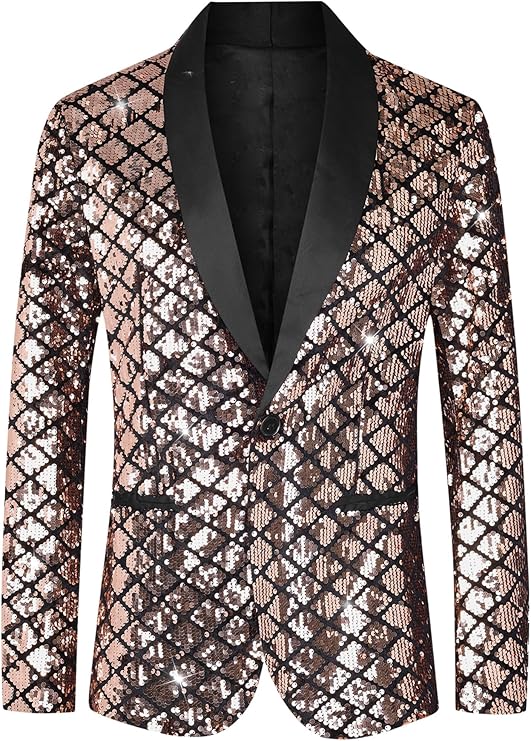 Sequin Blazer for Men's Argyle Pattern Peak Lapel Prom Shiny Sports Coat