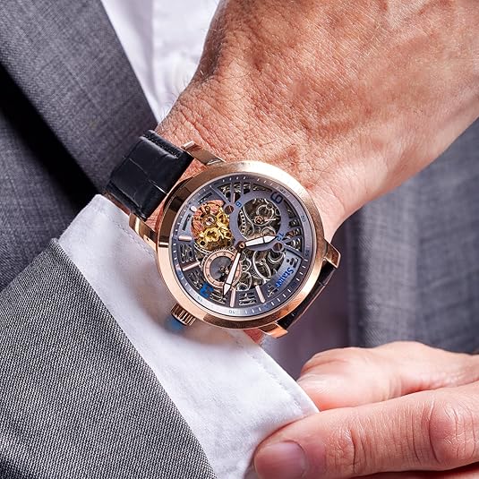 Stauer Automatic Watch for Men – Transparent-Faced Skeleton & Rose Gold-Finished Watch Case – Black Crocodile-Embossed Leather Watch Band