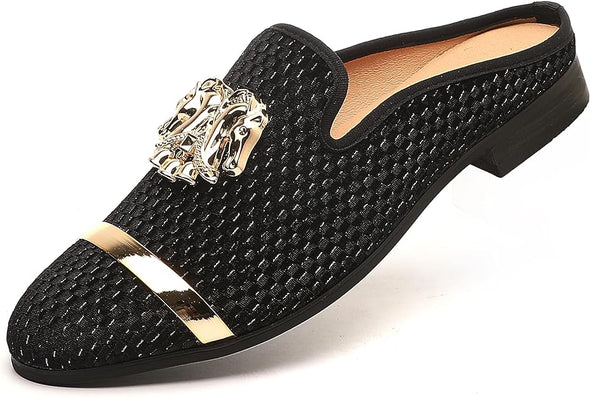 Men's Slip-on Mule Sandals Loafer with Gold Buckle,Fashion Leather Formal Wear Casual Backless Dress Slippers