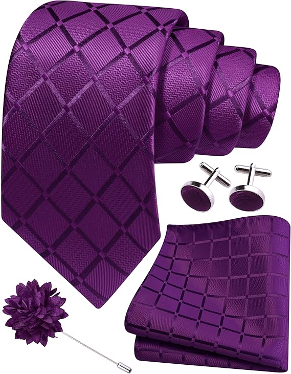 Mens Tie and Lapel Pin Plaid Checkered Necktie Hankerchief Cufflinks Set for Men