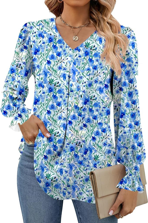 Women's 2024 Long Sleeve Tops Dressy Casual V Neck Tunic Shirts Loose Chiffon Work Blouse