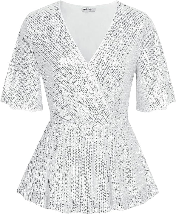 Womens Sequin Tops Sparkle Shimmer Ruffle Wrap Blouse Party Shirt V Neck Short Split Sleeve Peplum Top