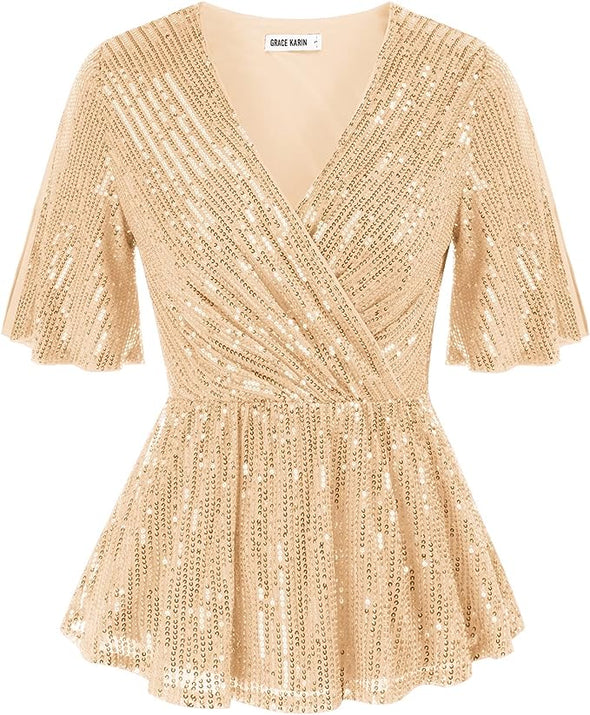 Womens Sequin Tops Sparkle Shimmer Ruffle Wrap Blouse Party Shirt V Neck Short Split Sleeve Peplum Top