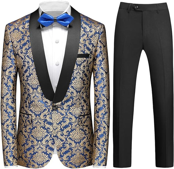 uxedo Suits for Men Paisley Floral 2 Piece Set Baroque Patterm Jacket and Black Pants