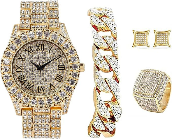 Hip Hop Watch & Jewerly Set w/Cuban Chain Bracelet, Kite Bling Earrings & Ring - GJM13