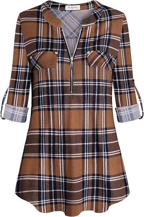 Women's Zip Front V-Neck 3/4 Sleeve Tunic Casual Top