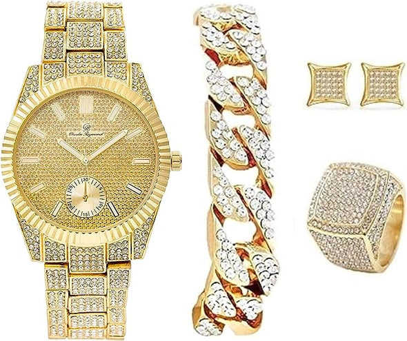 Hip Hop Watch & Jewerly Set w/Cuban Chain Bracelet, Kite Bling Earrings & Ring - GJM13