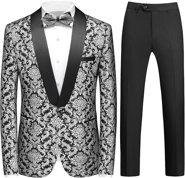 uxedo Suits for Men Paisley Floral 2 Piece Set Baroque Patterm Jacket and Black Pants