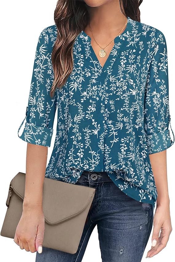 Women's Casual Chiffon V Neck 3/4 Sleeve Blouse Tops