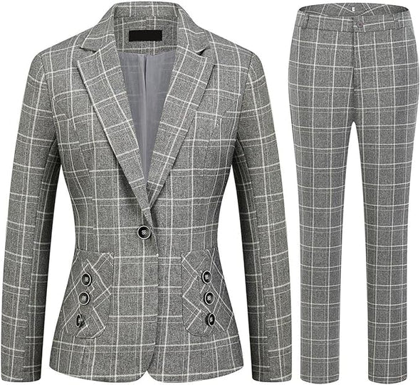 Women's 2 Piece Business Plaid Suit Set Office One Button Slim Fit Blazer with Pant