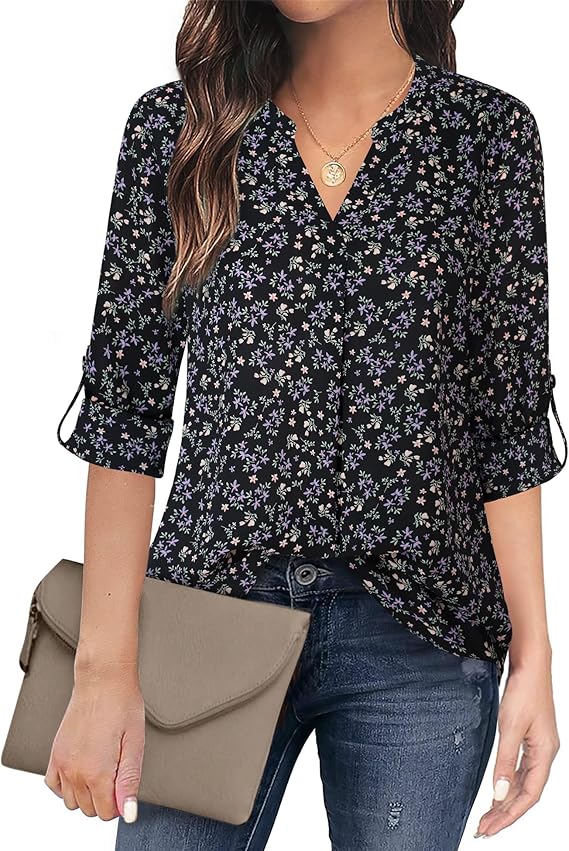 Women's Casual Chiffon V Neck 3/4 Sleeve Blouse Tops