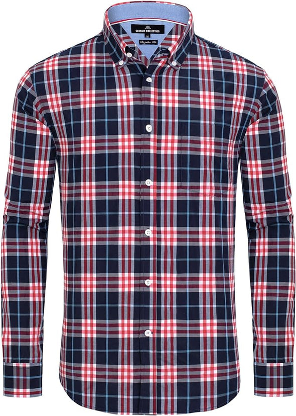 Men's Plaid Button Down Shirts Cotton Long Sleeve Dress Shirts Regular Fit Gingham Shirts