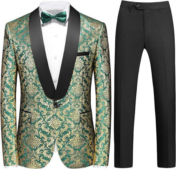 uxedo Suits for Men Paisley Floral 2 Piece Set Baroque Patterm Jacket and Black Pants