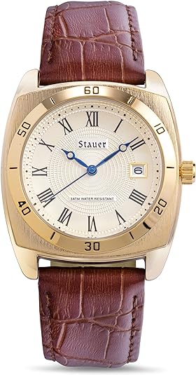 Stauer Watch for Men – 36mm Gold-Finished Alloy Watch Case with Genuine Brown Leather Band and Cotswold Crystal