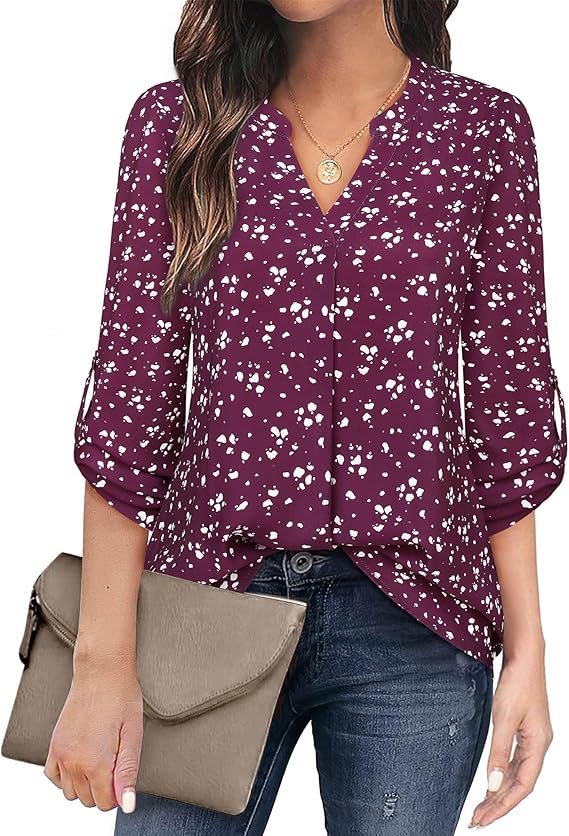 Women's Casual Chiffon V Neck 3/4 Sleeve Blouse Tops