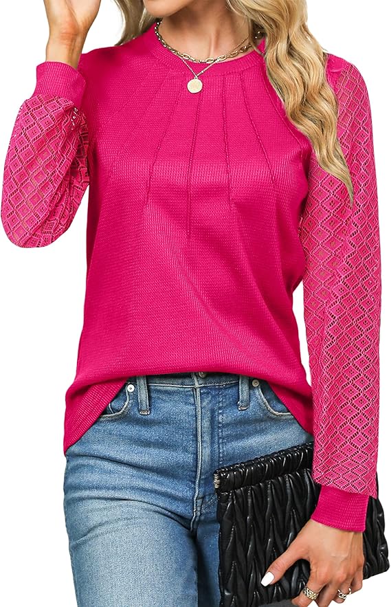 Women's Waffle Knit Tops Dressy Business Casual Blouses Lace Long Sleeve Work Shirts Fall Clothes