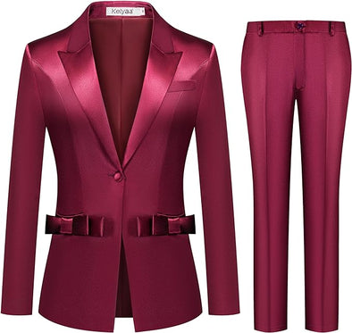 Women's 2 Piece Satin Suit Double Side Bows One Button Peaked Lapel Outfits Party Wedding Blazer Jackets and Pants Set
