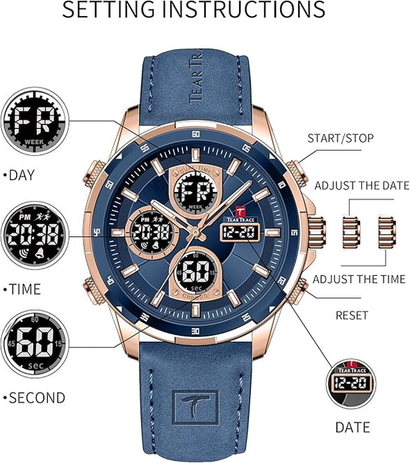 Watches for Men Luxury Waterproof Calendar Leather Strap Digital Chronograph Analog Wristwatch Mens Watches…