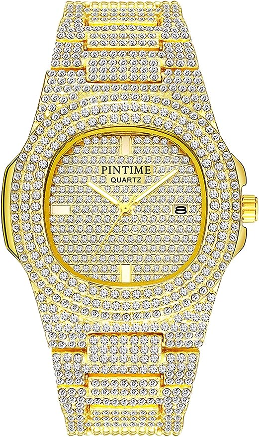 Luxury Mens/Womens Unisex Diamond Watch Bling Iced-Out Watch Oblong Wristwatch Crystal Quartz Watch