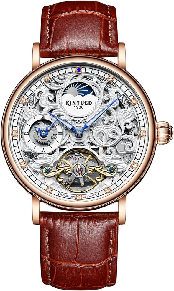 Mens Mechanical Watches, Luxury Automatic Skeleton Tourbillon Watch Waterproof Crystal Self-Winding Wrist Watch for Men