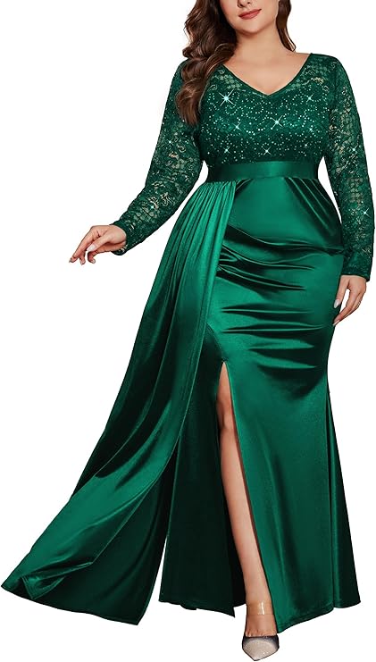 Women's Plus Size Sequins Lace V Neck Long Ruched Satin Slit Mermaid Hem Formal Party Long Dress