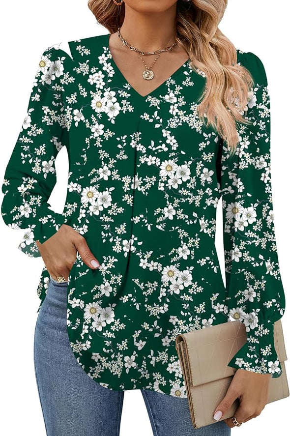 Women's 2024 Long Sleeve Tops Dressy Casual V Neck Tunic Shirts Loose Chiffon Work Blouse