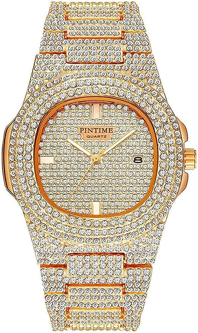 Luxury Mens/Womens Unisex Diamond Watch Bling Iced-Out Watch Oblong Wristwatch Crystal Quartz Watch