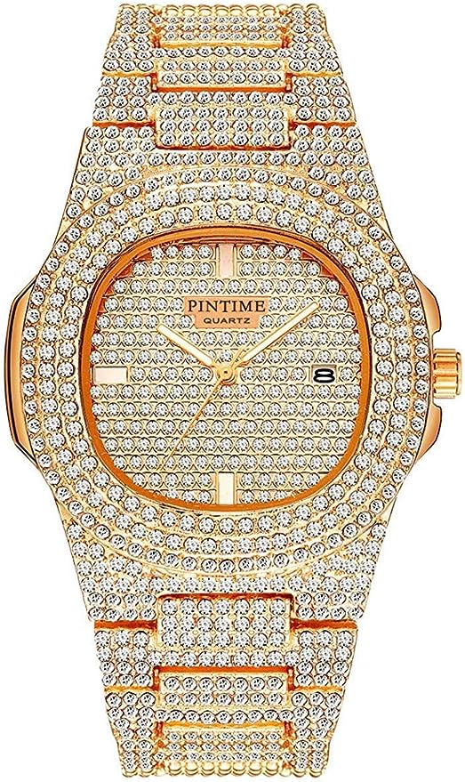 Luxury Mens/Womens Unisex Diamond Watch Bling Iced-Out Watch Oblong Wristwatch Crystal Quartz Watch