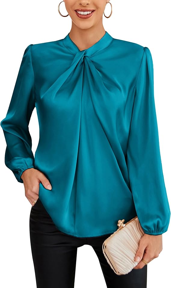 Women's Long Lantern Sleeve Shirts Mock Neck Solid Casual Blouse Tops