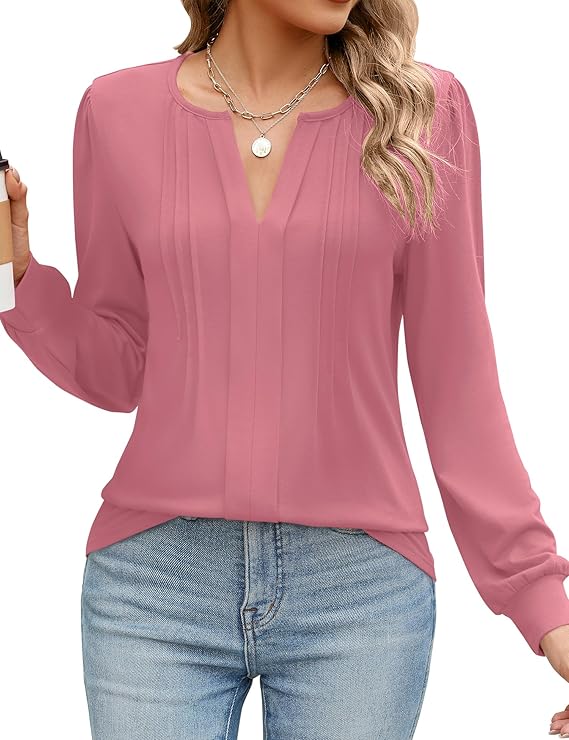 Womens Long Sleeve Shirts Puff Sleeve V Neck Pleated Shirts Loose Fit Blouses for Dressy Casual 2024 Fall Tops