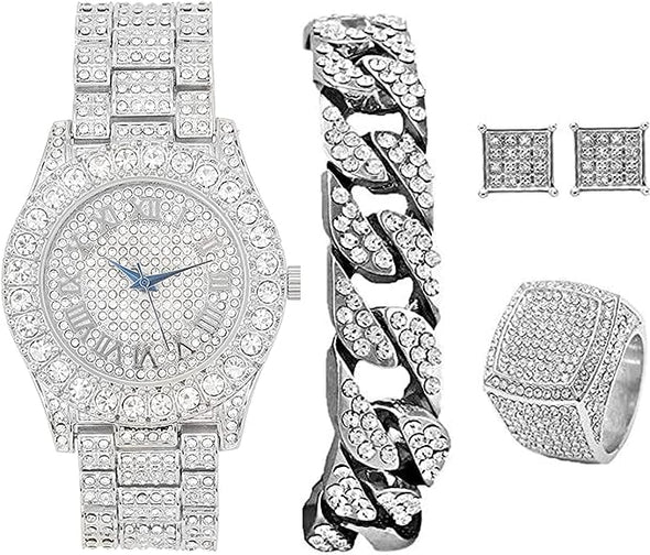 Hip Hop Watch & Jewerly Set w/Cuban Chain Bracelet, Kite Bling Earrings & Ring - GJM13