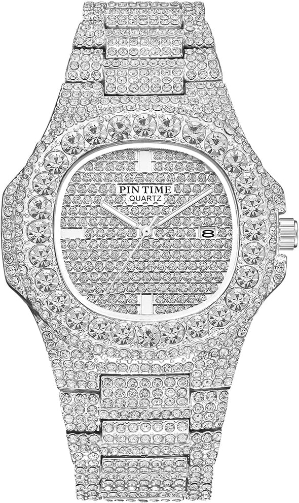 Luxury Mens/Womens Unisex Diamond Watch Bling Iced-Out Watch Oblong Wristwatch Crystal Quartz Watch