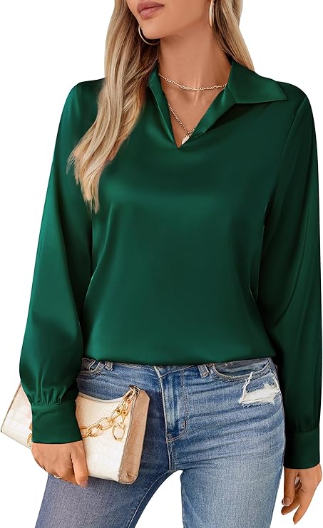 Womens Silky Satin Blouses Collared V Neck Long Sleeve Dress Shirts Business Casual Work Blouse Tops for Women